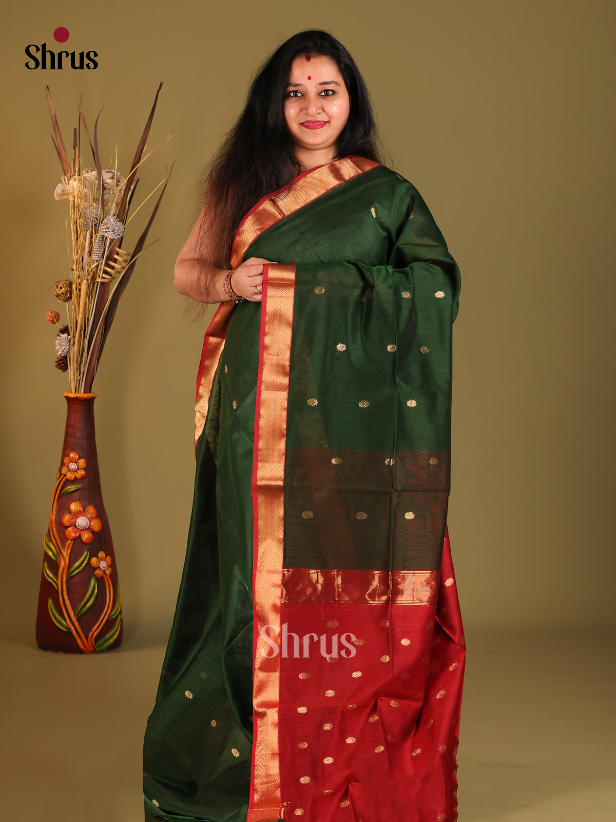 Green & Maroon Maheshwari silkcotton Saree