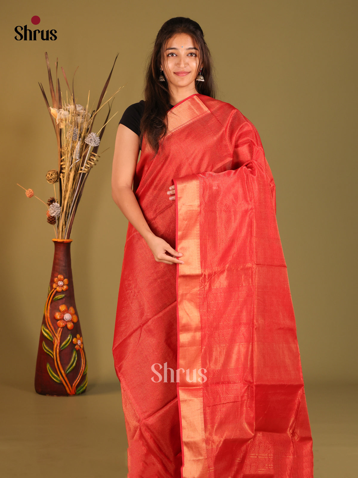 Red(Single Tone)- Maheshwari silkcotton Saree - Shop on Shrus.com