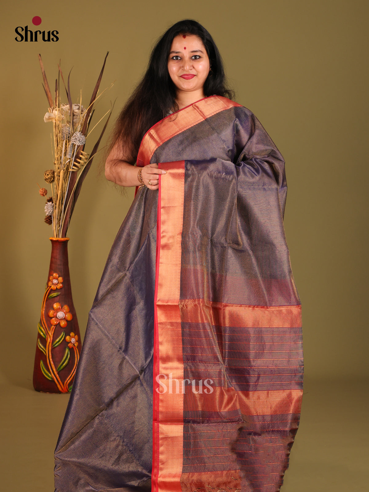 Dark Grey & Red- Maheshwari silkcotton Saree