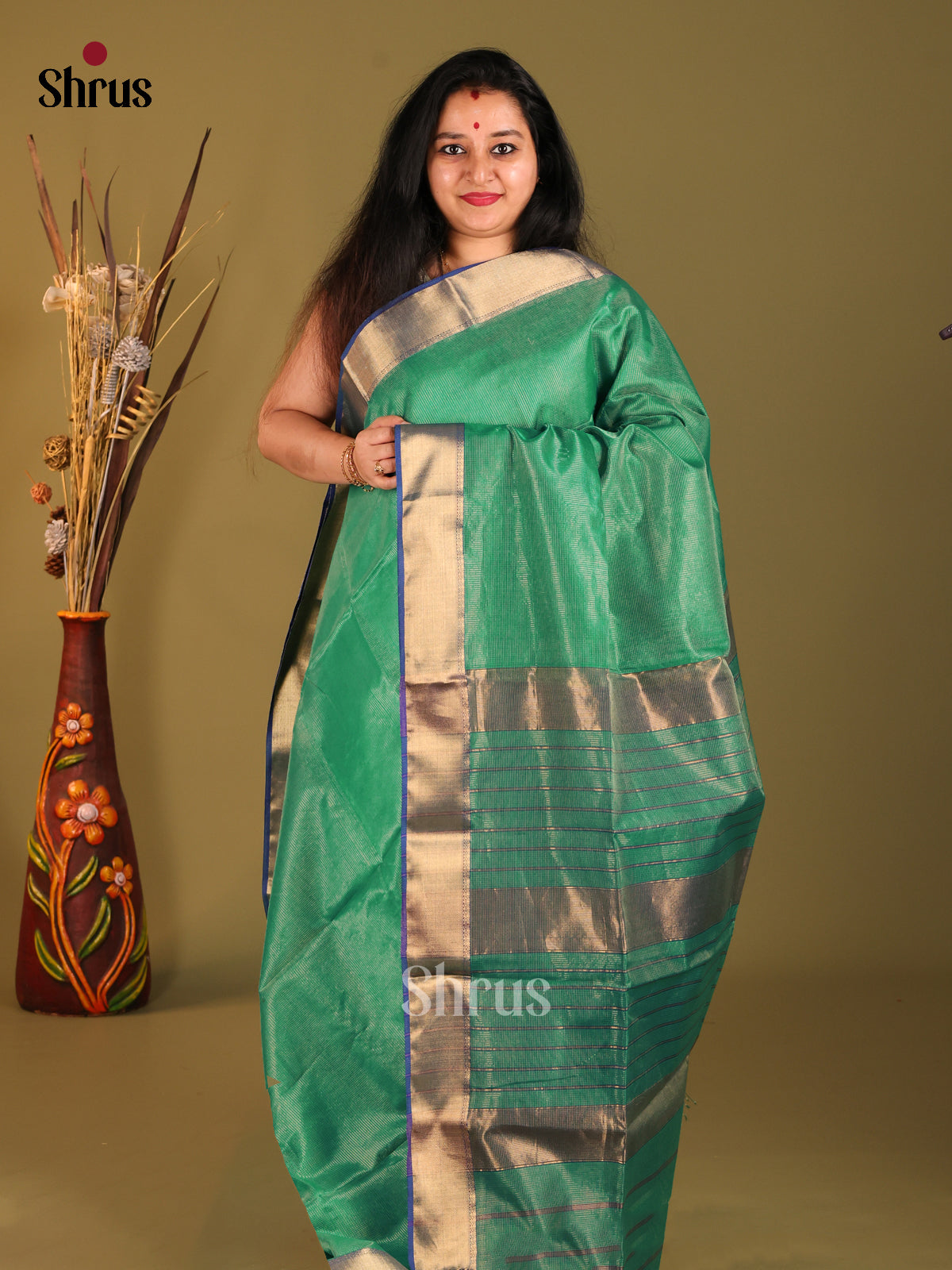 Green & Blue - Maheshwari silkcotton Saree - Shop on Shrus.com