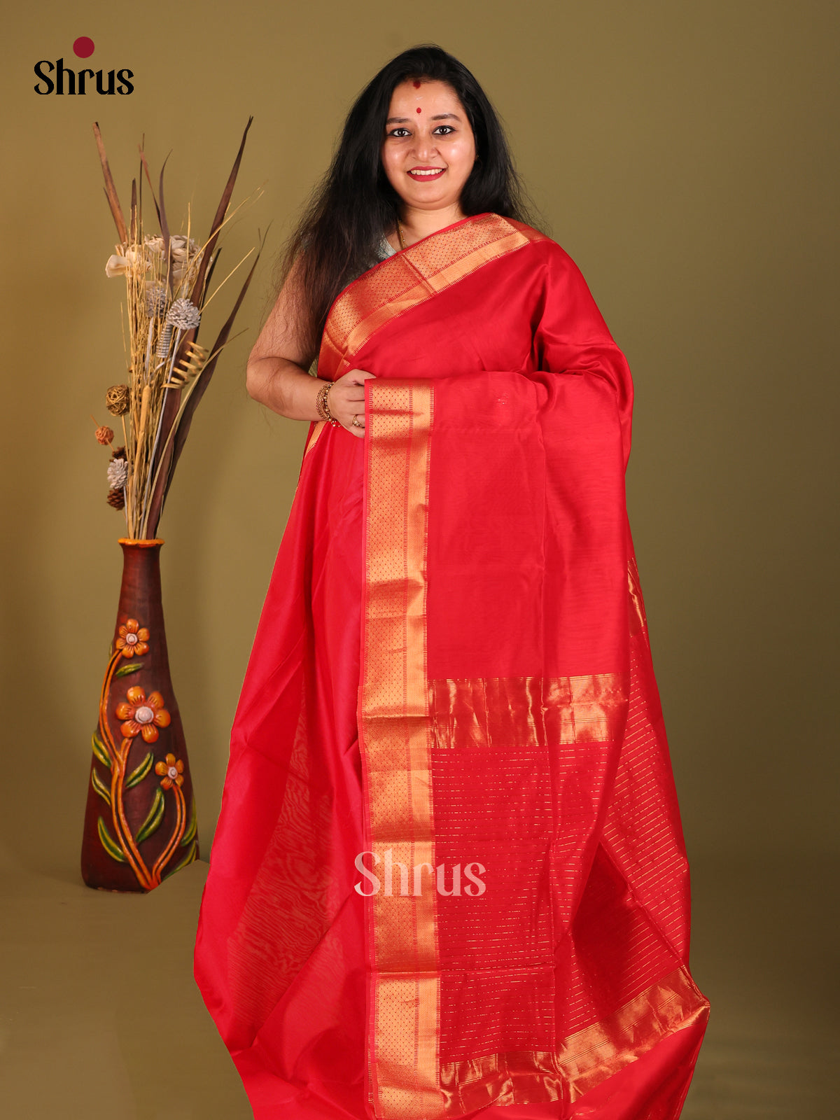 plain Red(Single Tone) Maheshwari silkcotton Saree