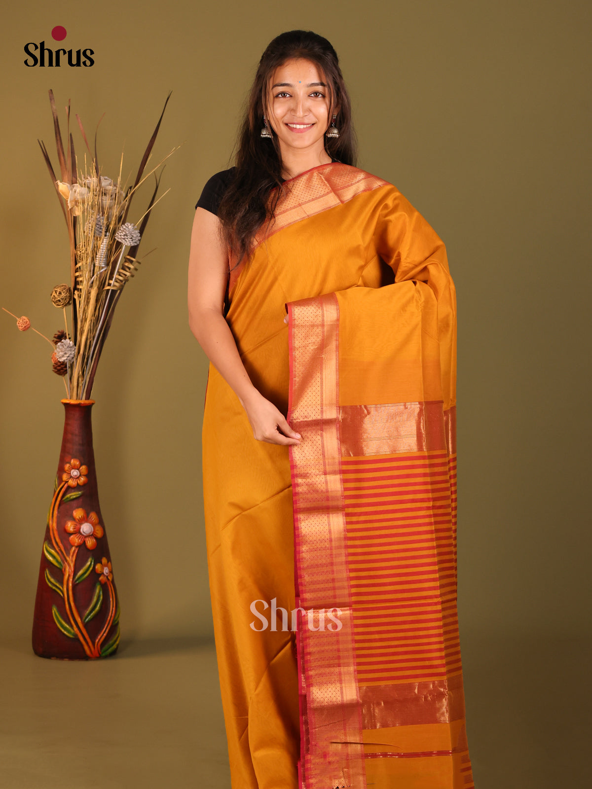 Mustard & Red Maheshwari silkcotton Saree