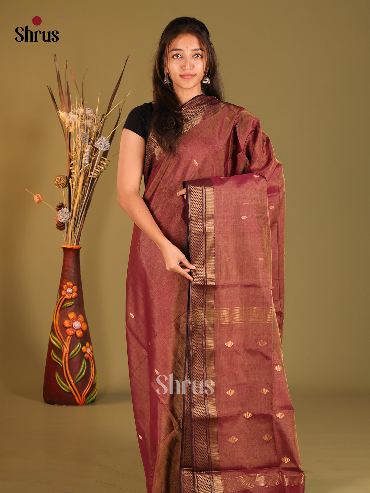 Maroon - Maheshwari silkcotton Saree - Shop on Shrus.com