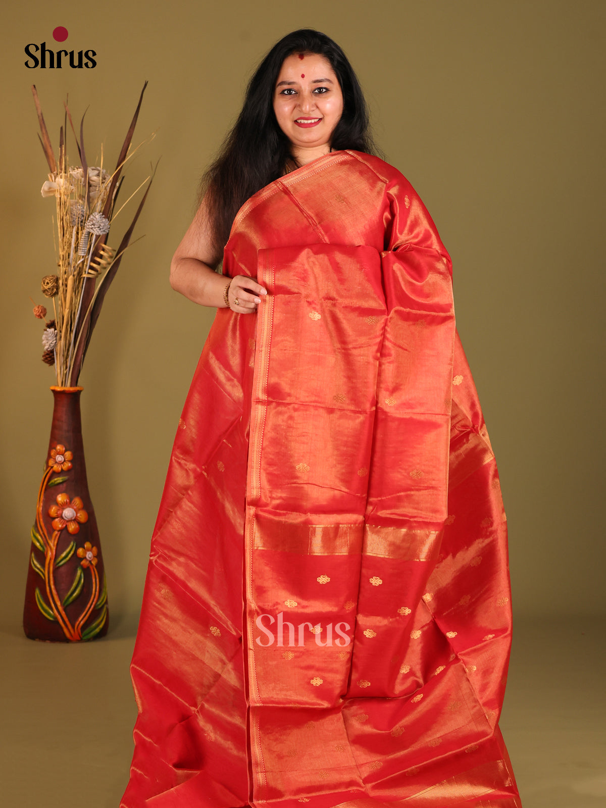 Red mono tone Maheshwari silkcotton Saree