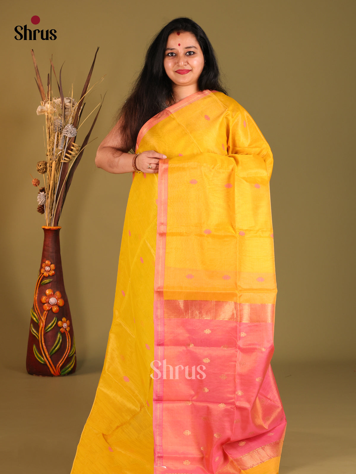 Yellow & Pink - Maheshwari silkcotton Saree