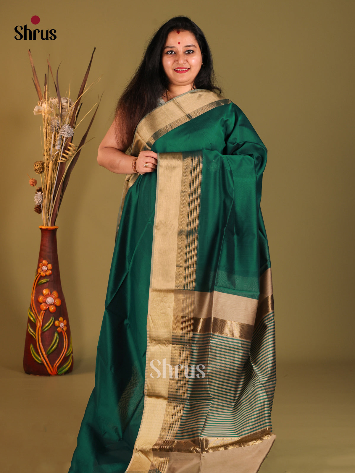 Green & Brown - Maheshwari silkcotton Saree - Shop on Shrus.com