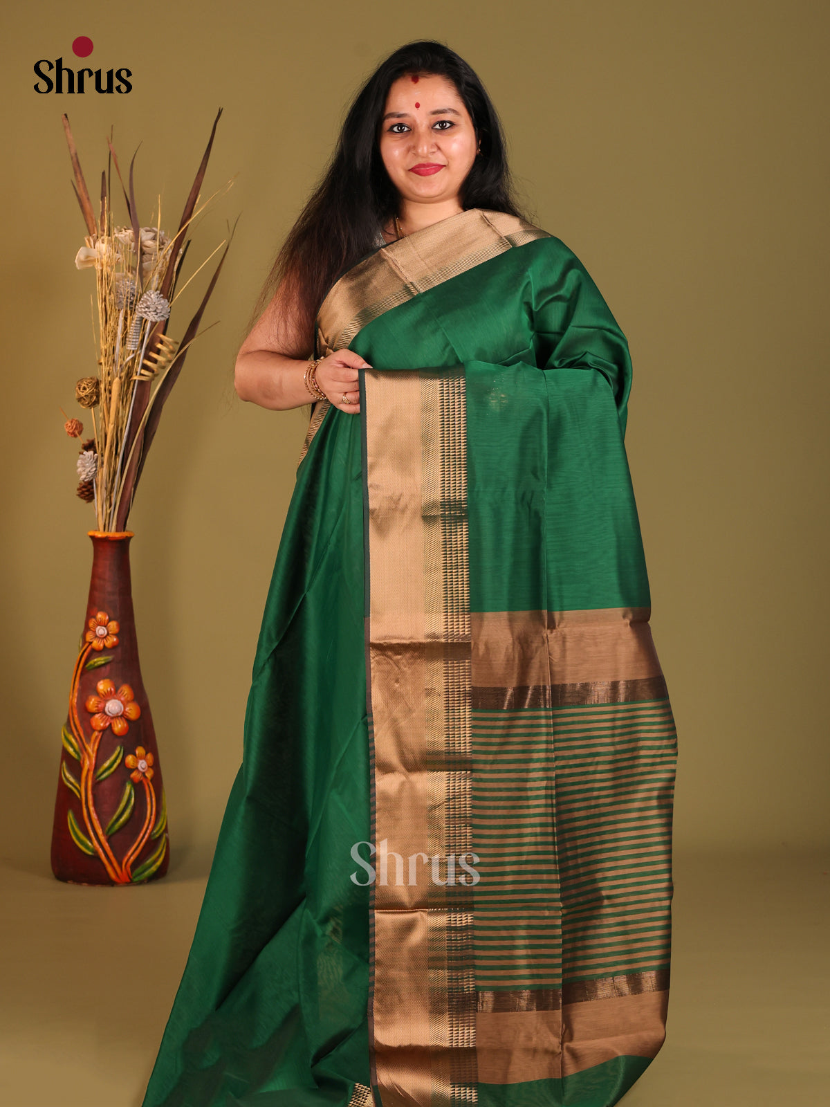 Green & Brown - Maheshwari silkcotton Saree - Shop on Shrus.com