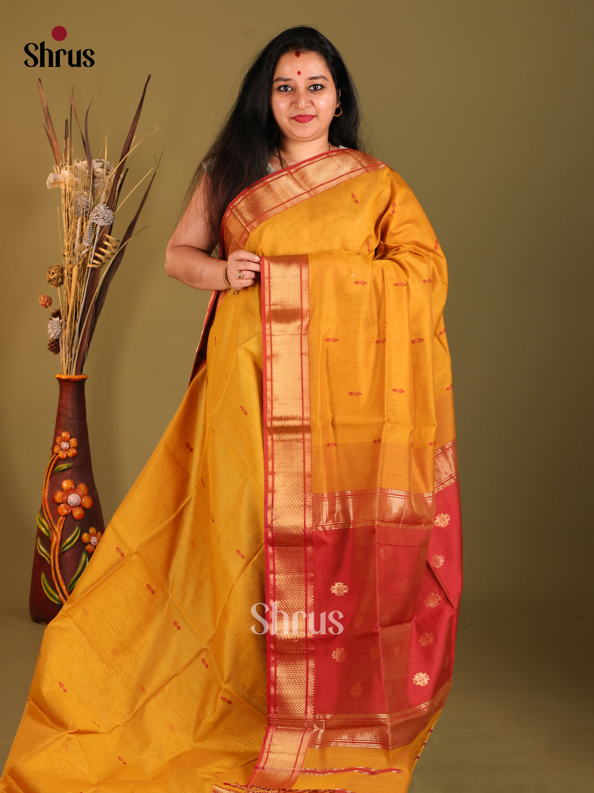Mustard & Red - Maheshwari silkcotton Saree - Shop on Shrus.com