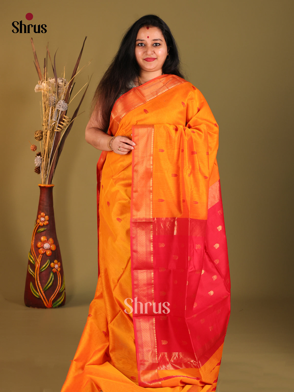 Mustard & Red Maheshwari silkcotton Saree