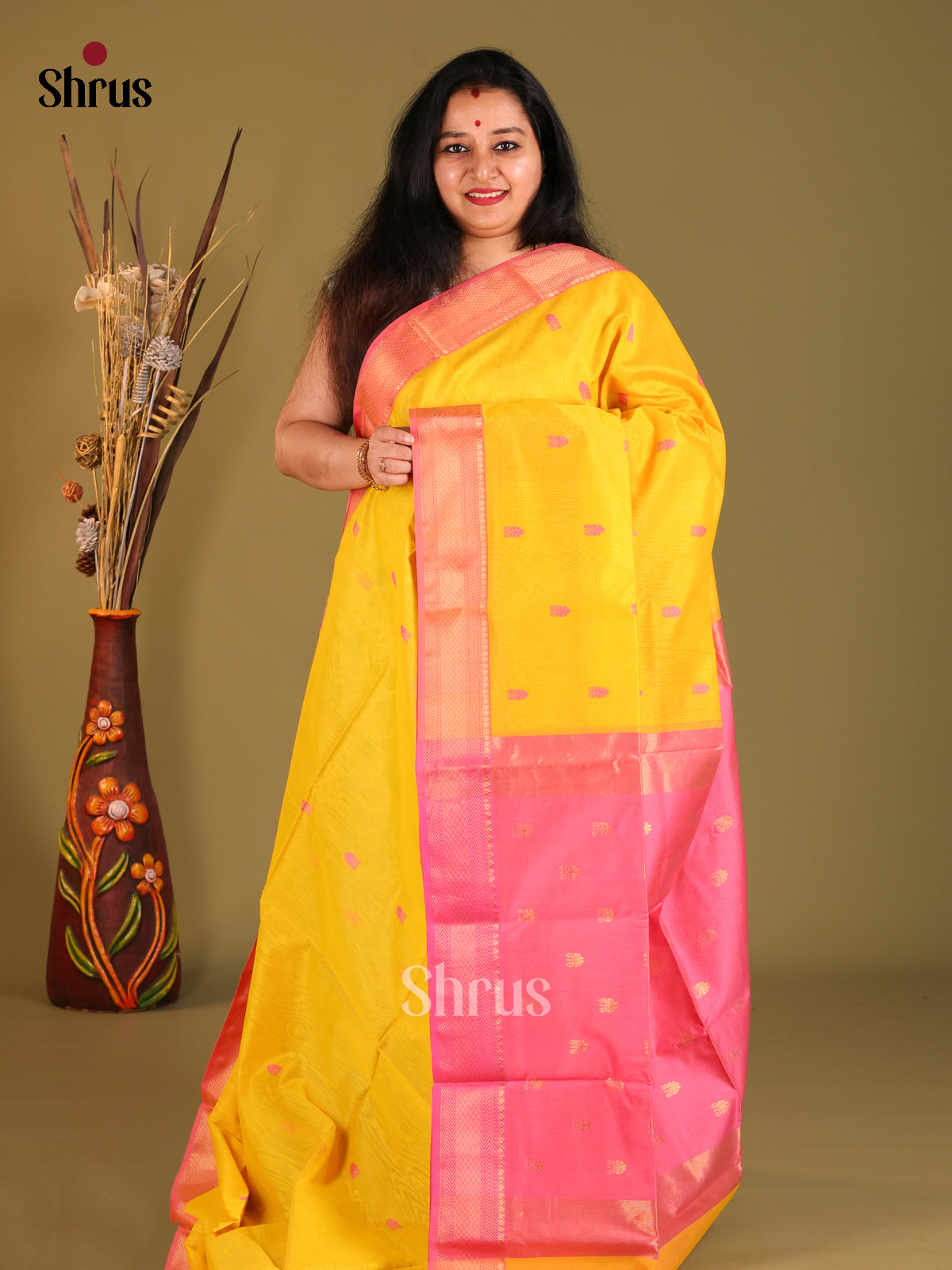 Yellow & Pink Maheshwari silkcotton Saree