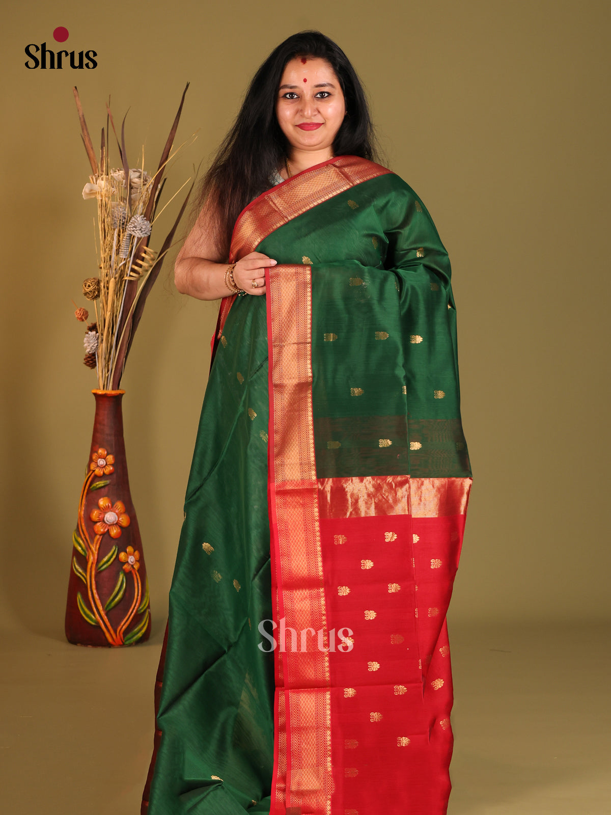 Green & Red - Maheshwari silkcotton Saree - Shop on Shrus.com