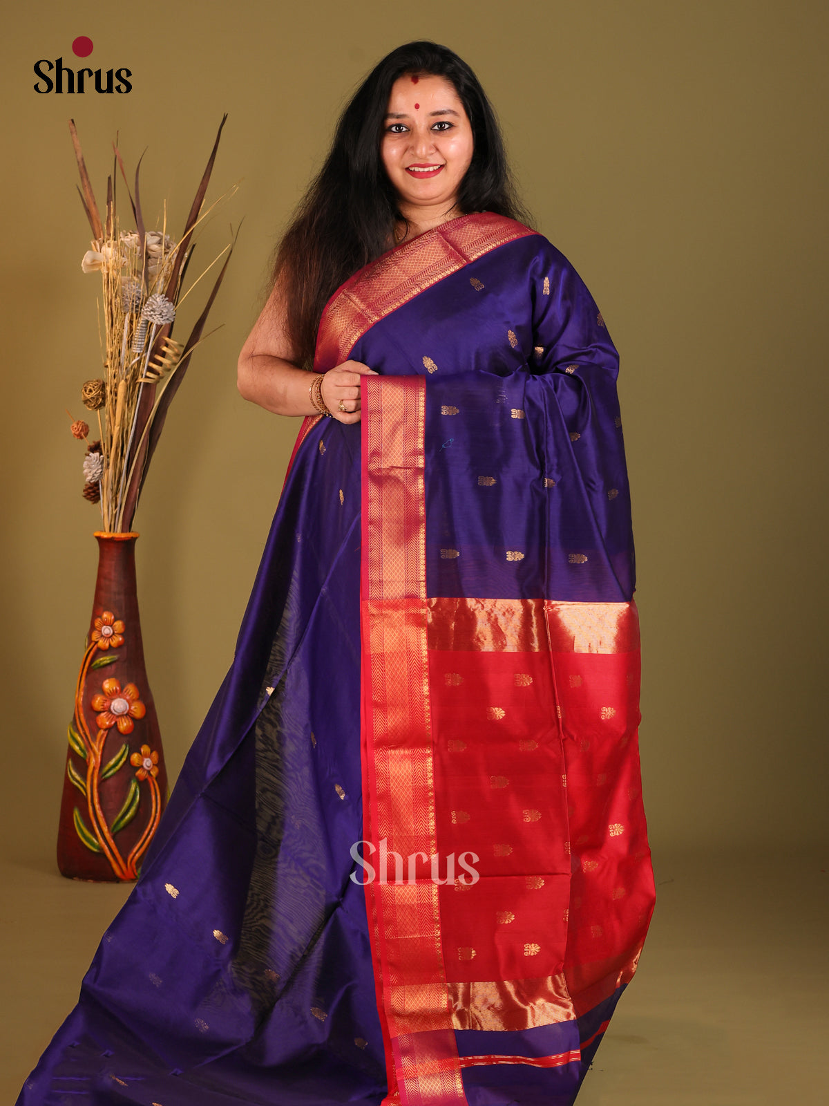 Blue & Red - Maheshwari silkcotton Saree