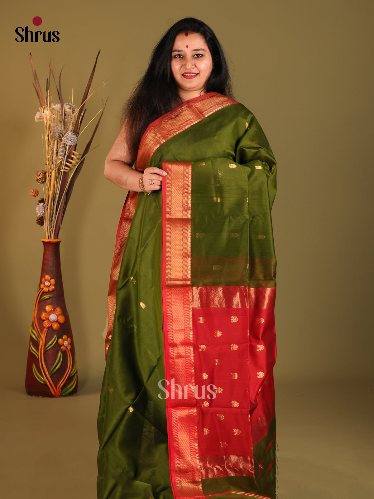 Green & Red - Maheshwari silkcotton Saree - Shop on Shrus.com