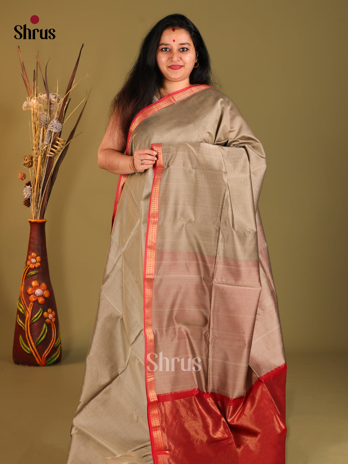 Grey & Red Maheshwari silkcotton Saree