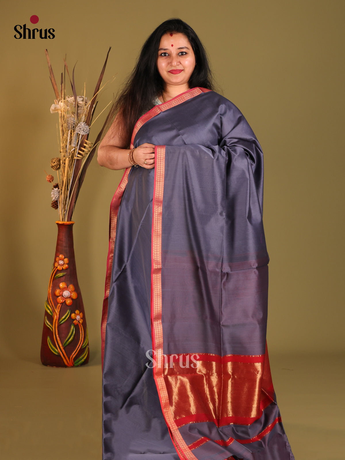Grey and Red Maheshwari silkcotton Saree