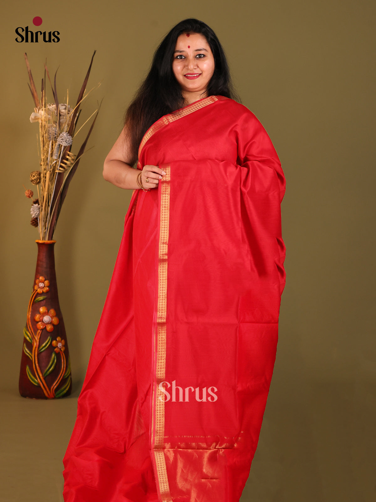 Red(single Tone) Maheshwari silkcotton Saree