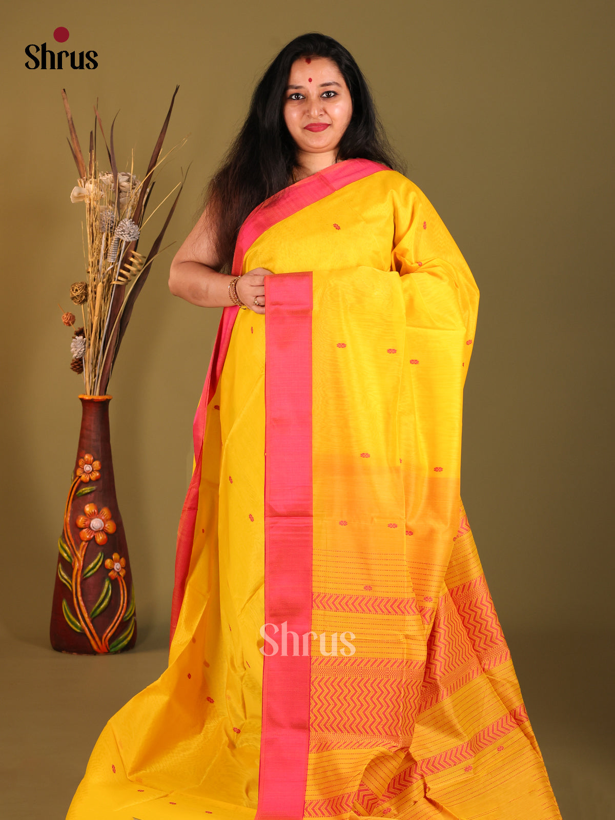 Yellow & Red - Maheshwari silkcotton Saree