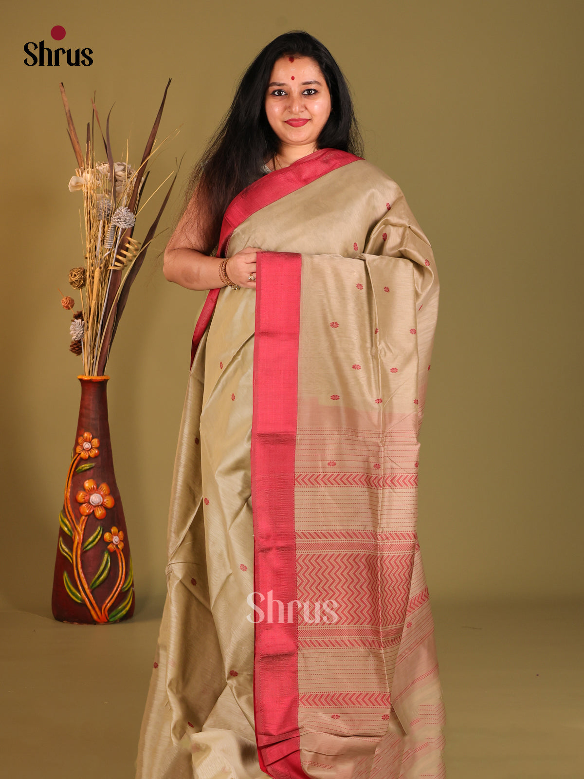Beige & Red Maheshwari silkcotton Saree