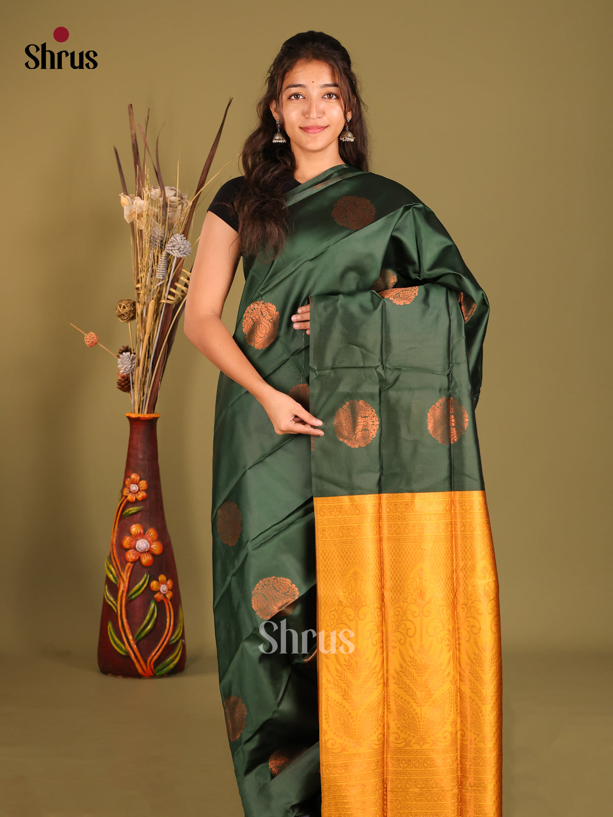 Green & Mustard - Semi Softsilk Saree - Shop on Shrus.com