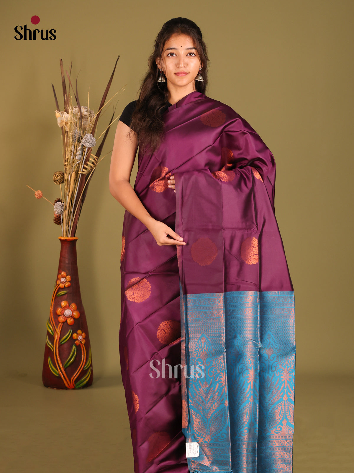 Purple & Blue- Semi Softsilk Saree - Shop on Shrus.com