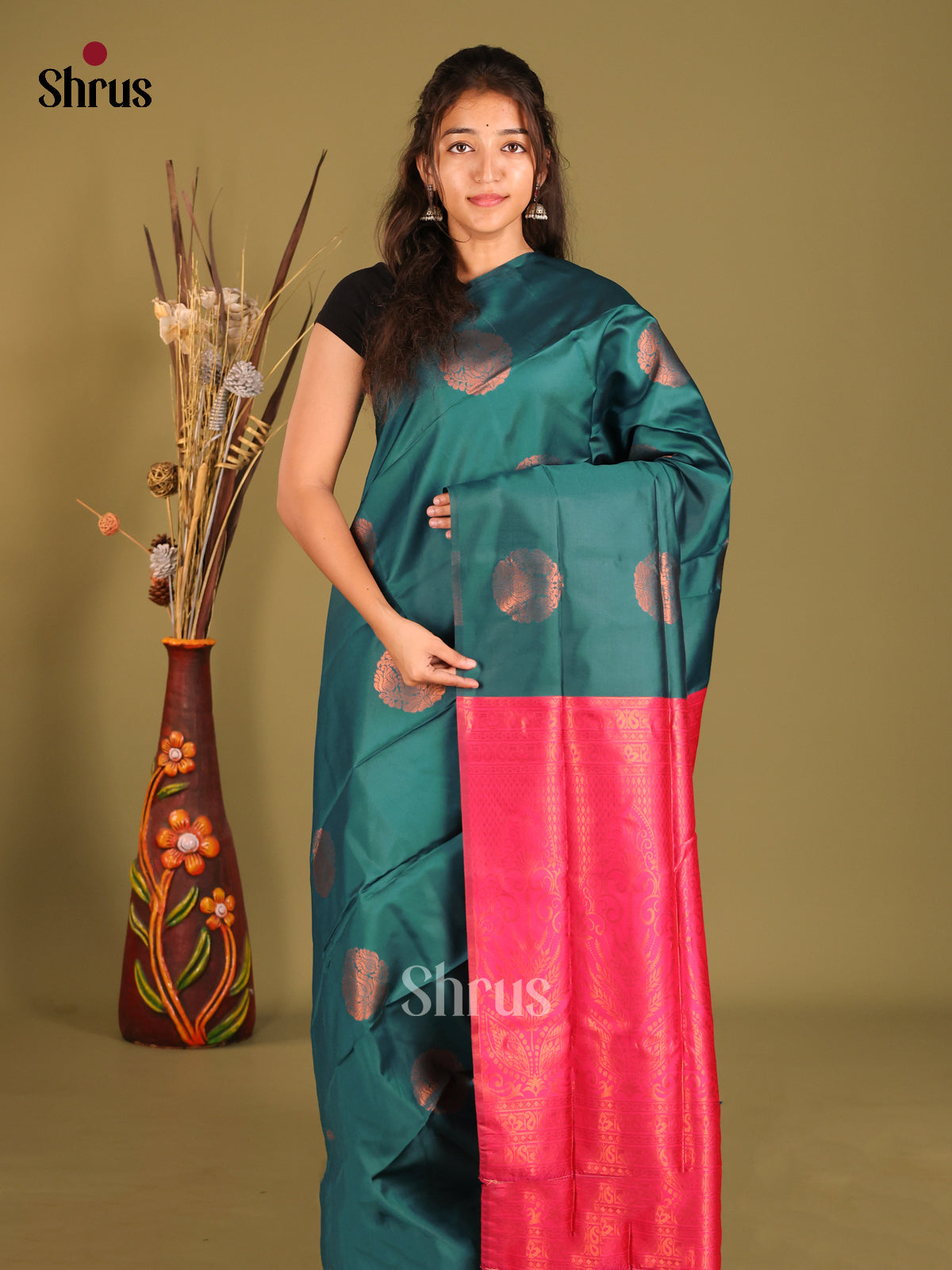 Green & Pink - Semi Softsilk Saree - Shop on Shrus.com