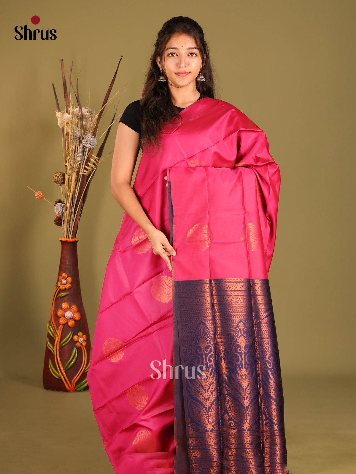 Pink & Blue - Semi Softsilk Saree - Shop on Shrus.com