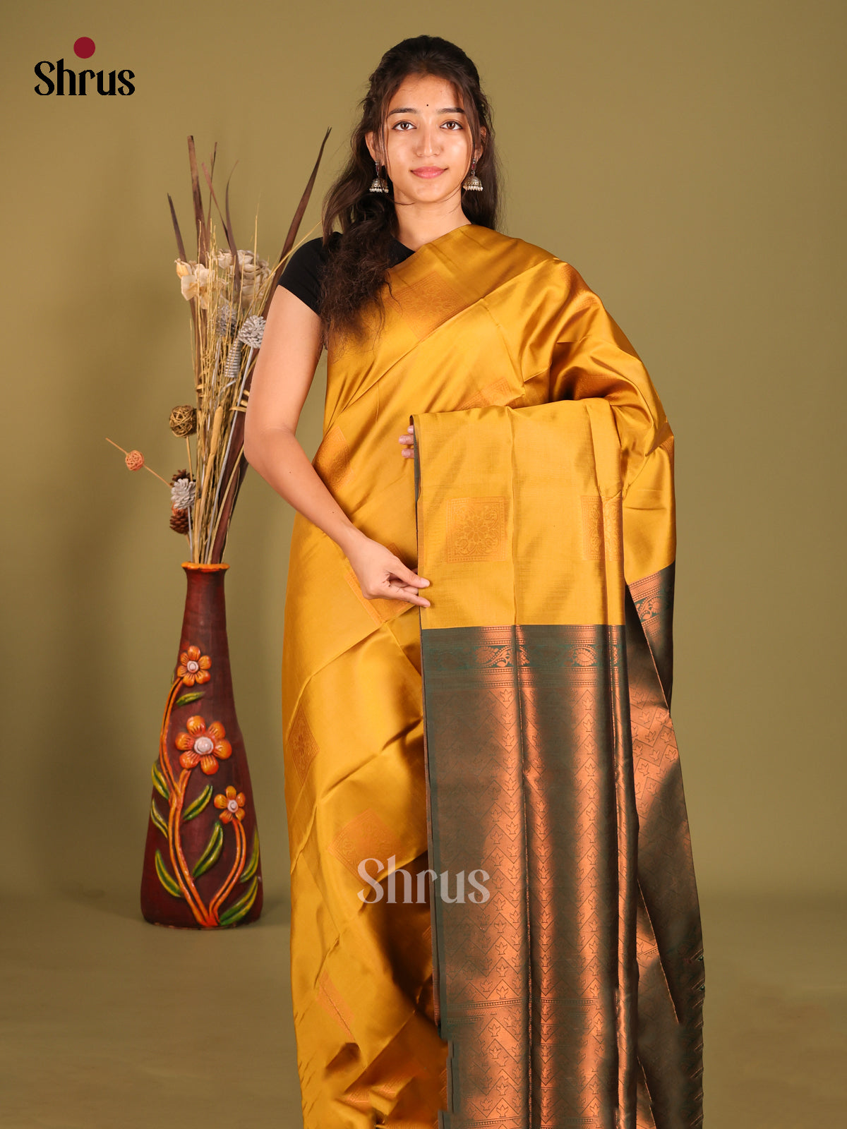 Mustardy Green & Green - Semi Softsilk Saree - Shop on Shrus.com