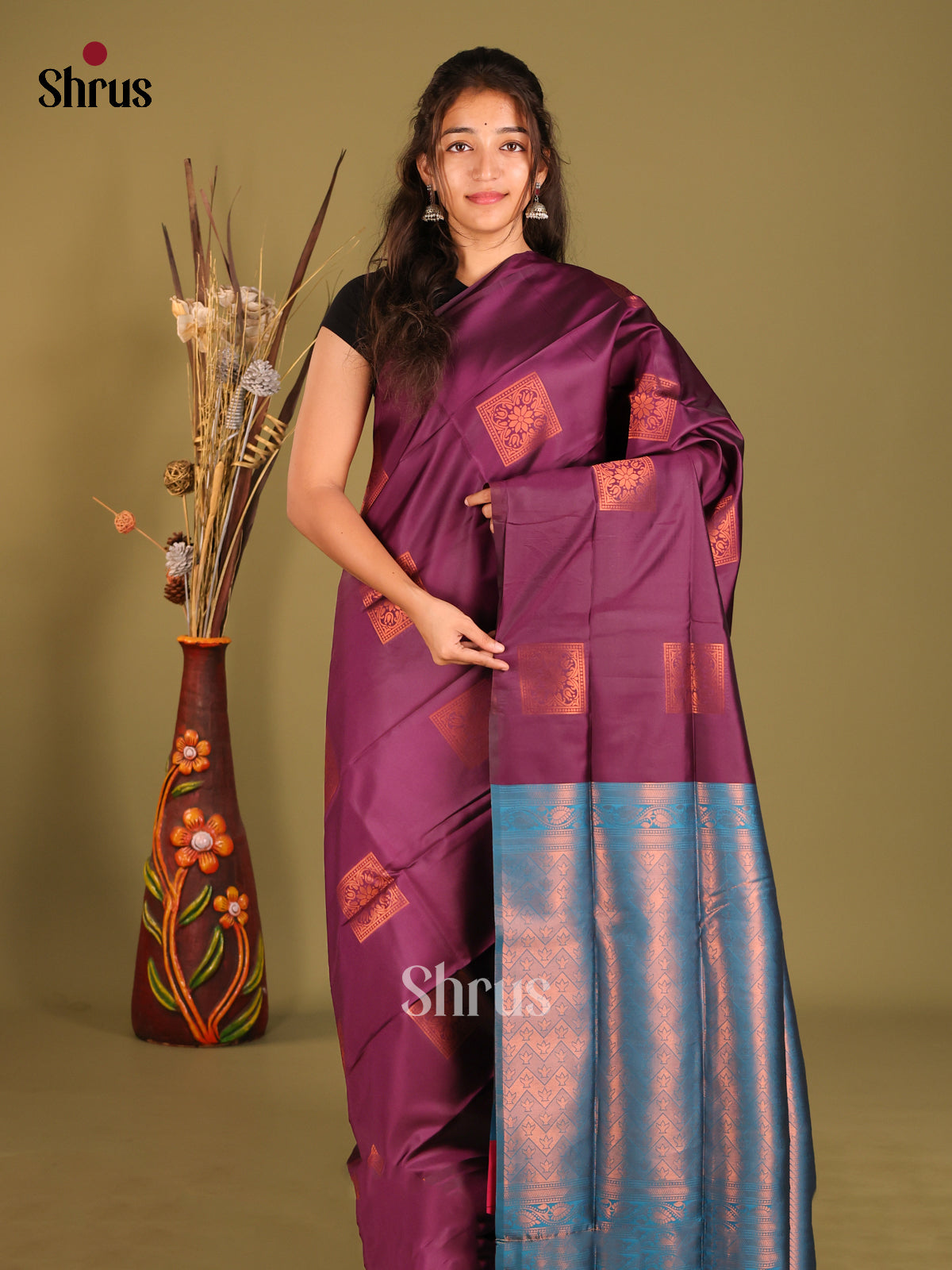 Purple & Blue - Semi Softsilk Saree - Shop on Shrus.com