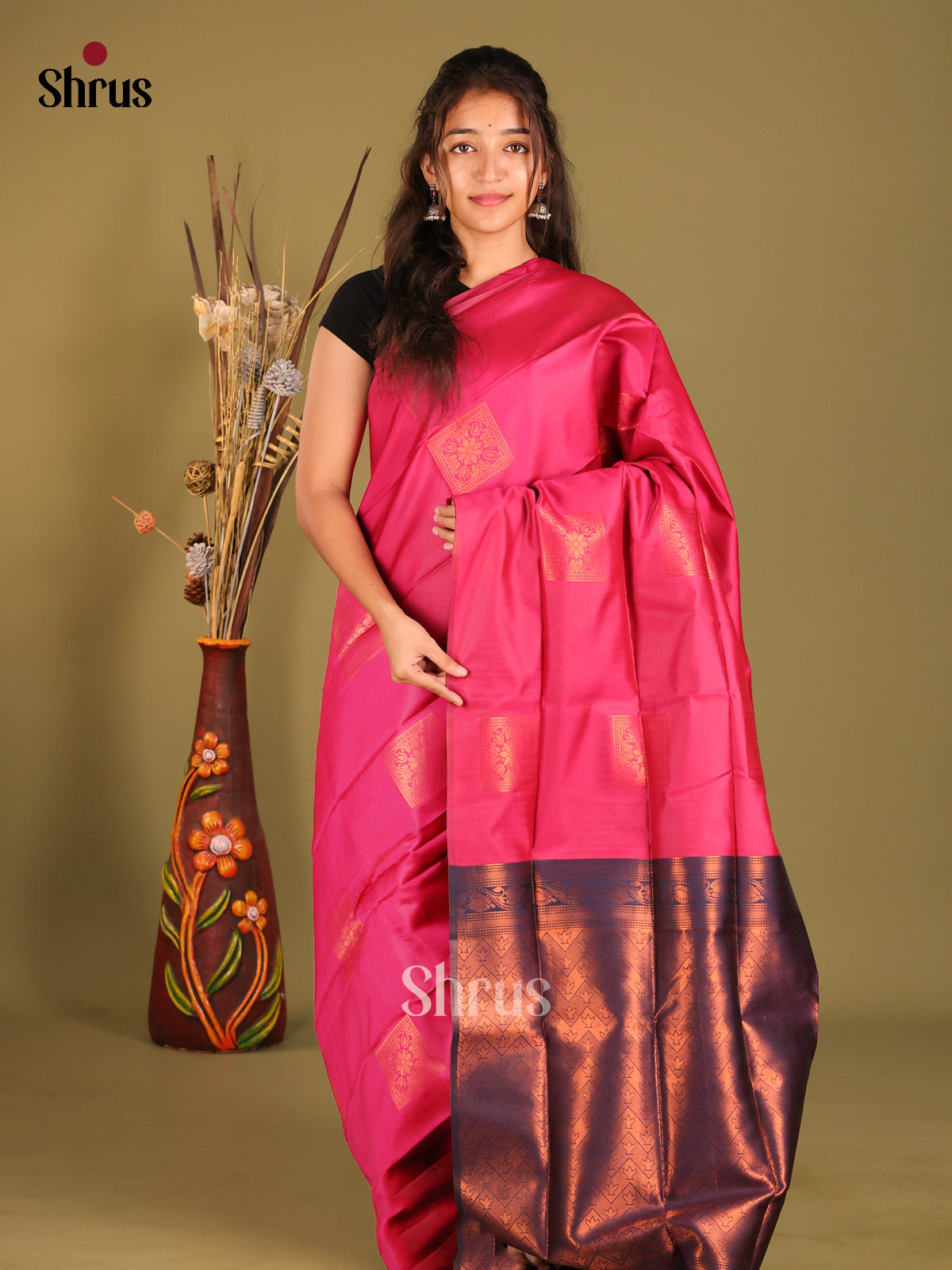 Pink & Blue - Semi Softsilk Saree - Shop on Shrus.com