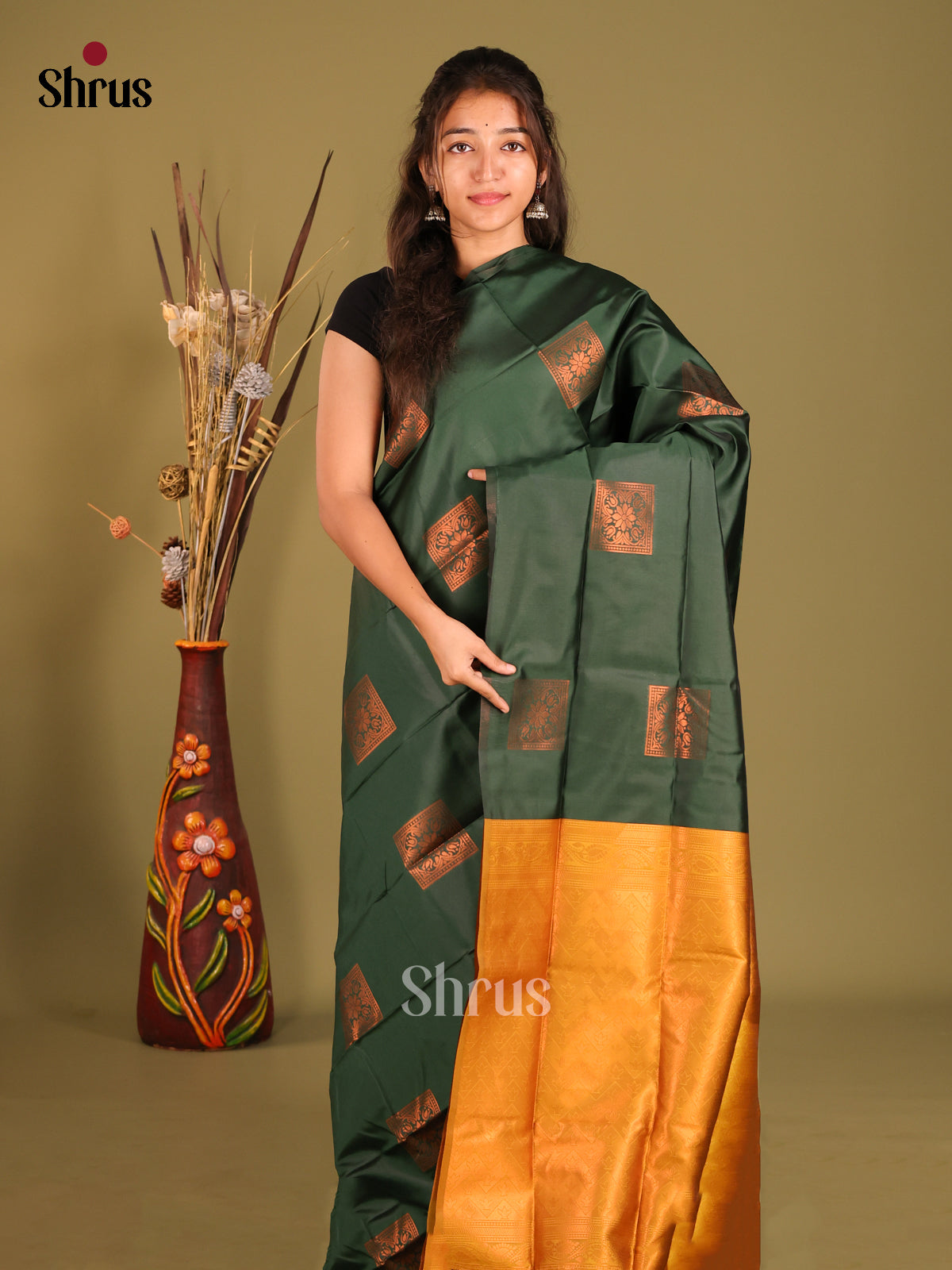 Green & Yellow - Semi Softsilk Saree - Shop on Shrus.com