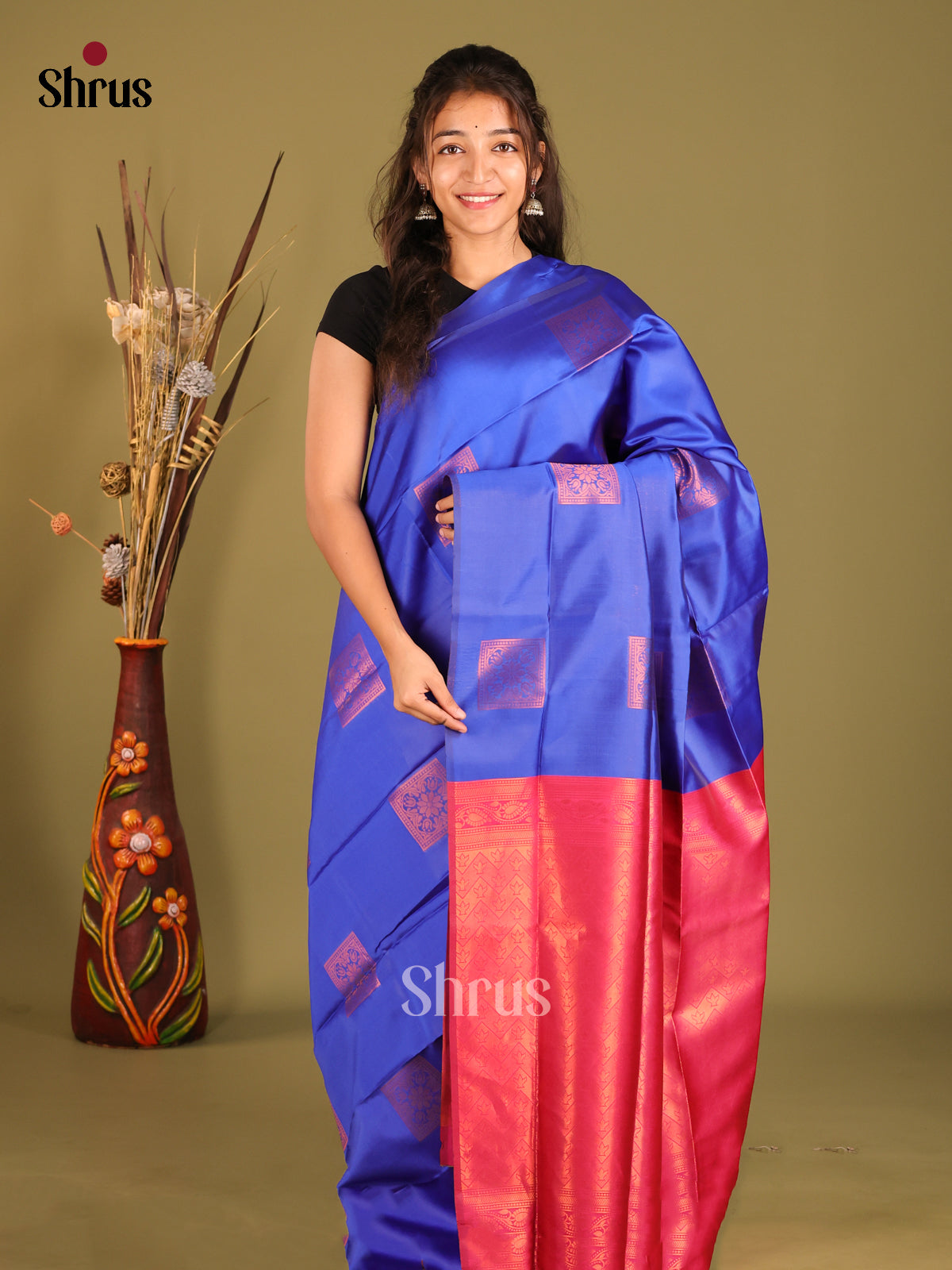Blue & Pink - Semi Softsilk Saree