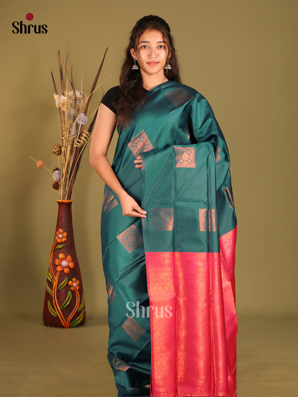 Green & Pink - Semi Softsilk Saree - Shop on Shrus.com