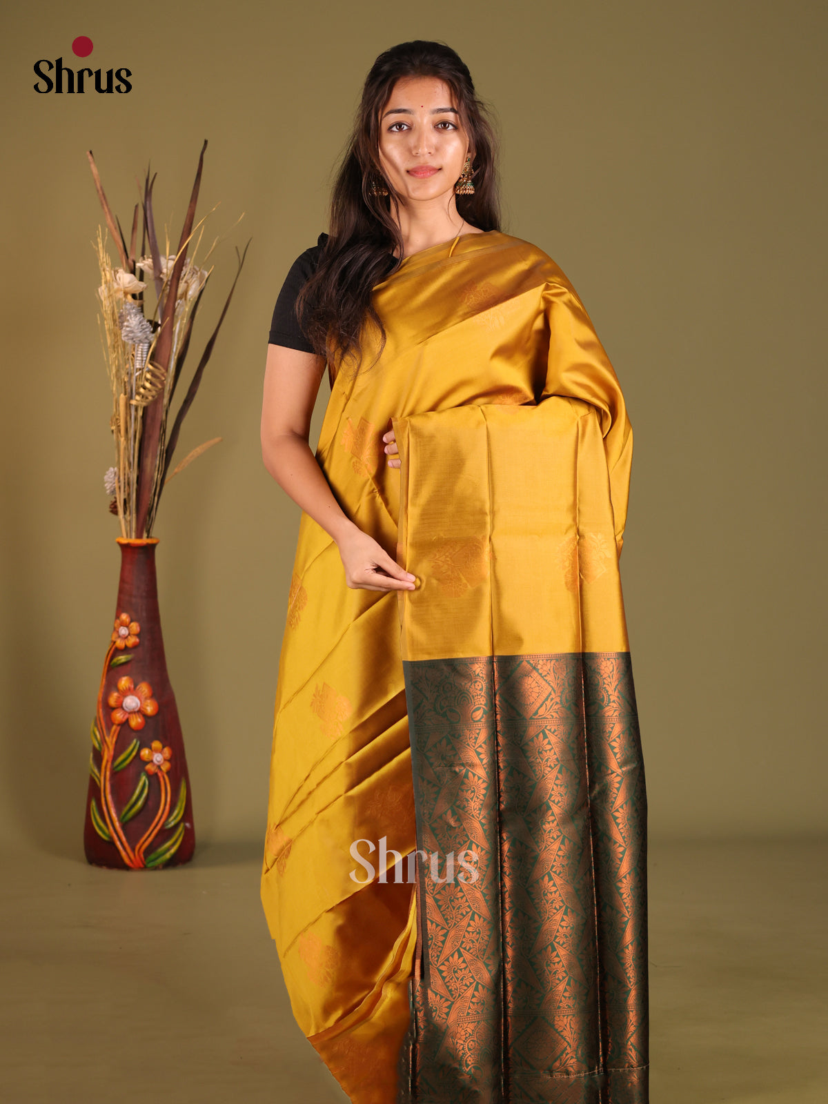 Mustardy Green & Green- Semi Softsilk Saree - Shop on Shrus.com