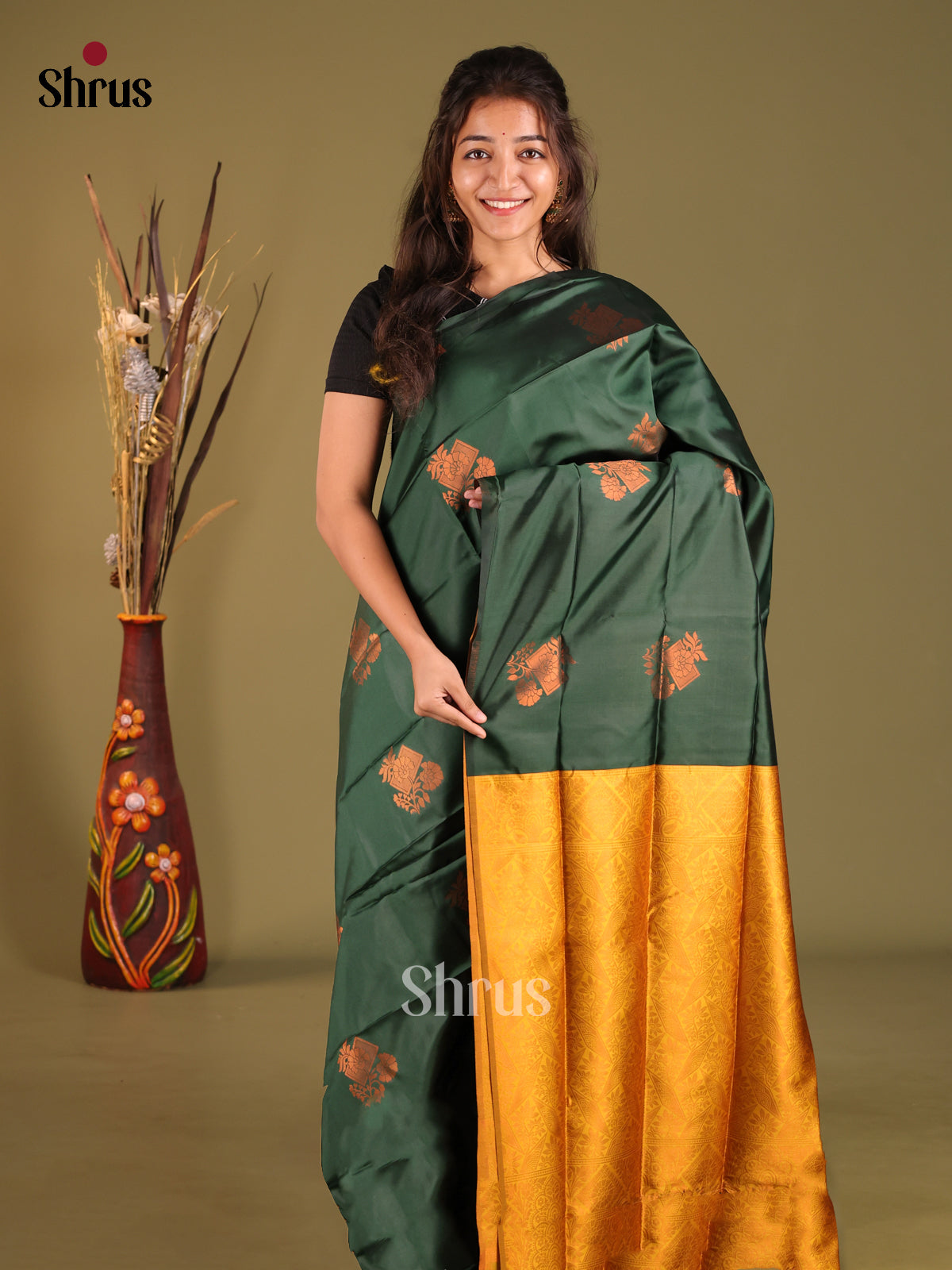Green & Mustard - Semi Softsilk Saree - Shop on Shrus.com