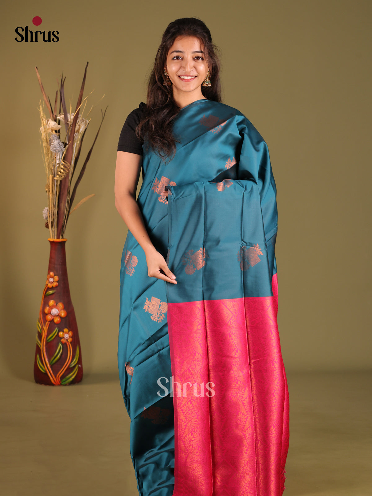Blue & Pink - Semi Softsilk Saree - Shop on Shrus.com