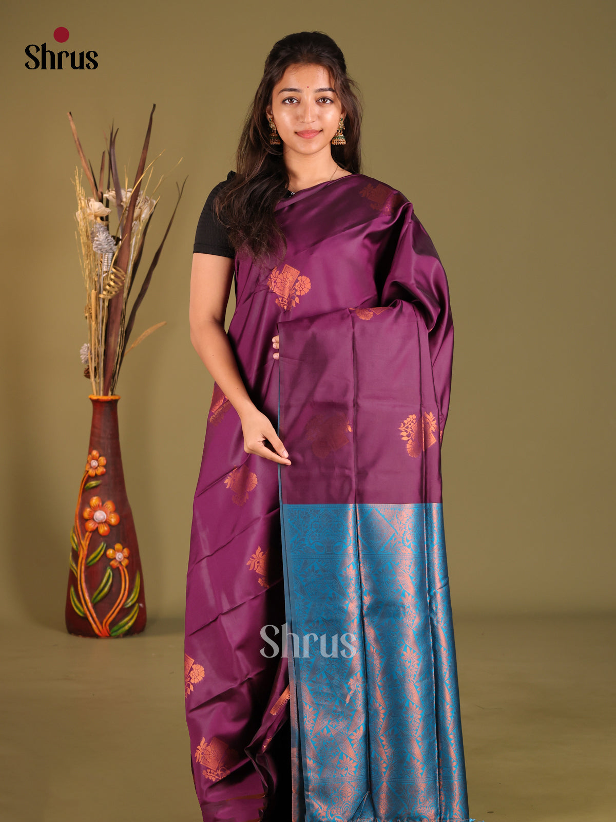 Violet & Blue - Semi Softsilk Saree - Shop on Shrus.com