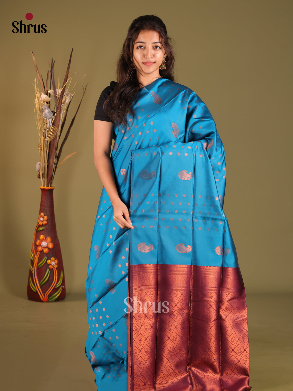 Blue & Maroon - Semi Softsilk Saree - Shop on Shrus.com