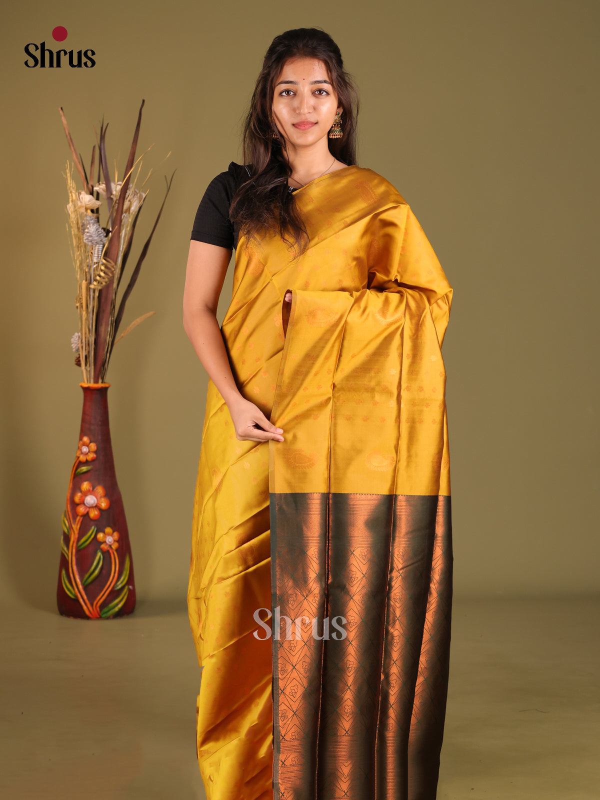 Mustardy Green & Green - Semi Softsilk Saree - Shop on Shrus.com