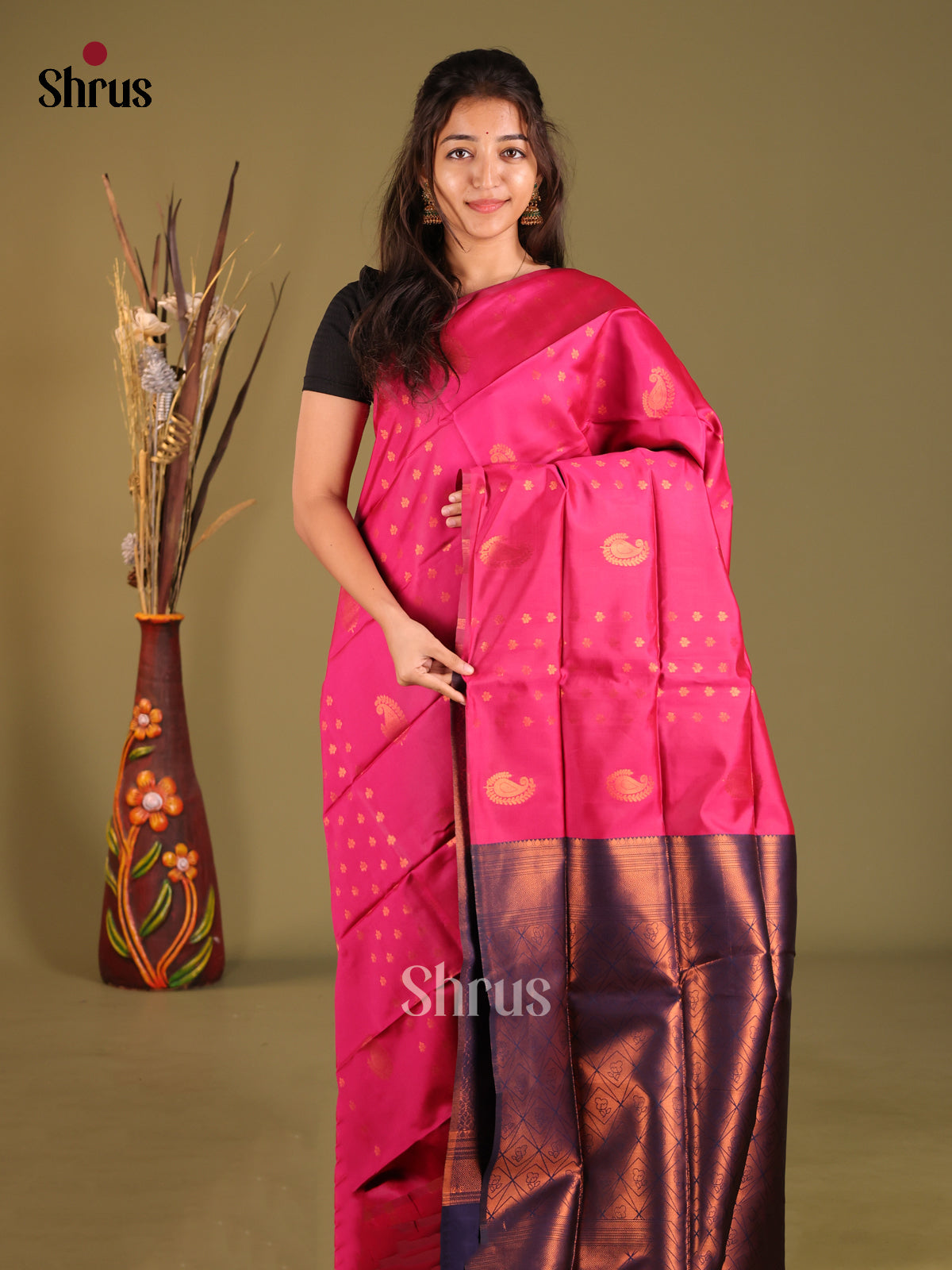 Pink & Blue - Semi Softsilk Saree - Shop on Shrus.com