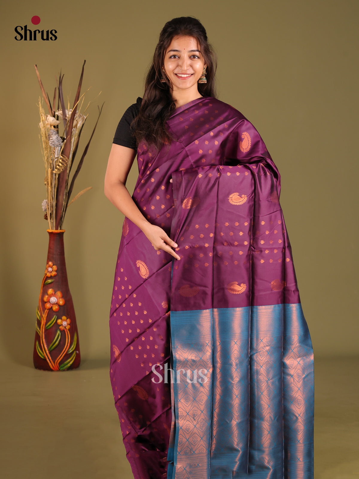 Purple & Blue - Semi Softsilk Saree - Shop on Shrus.com