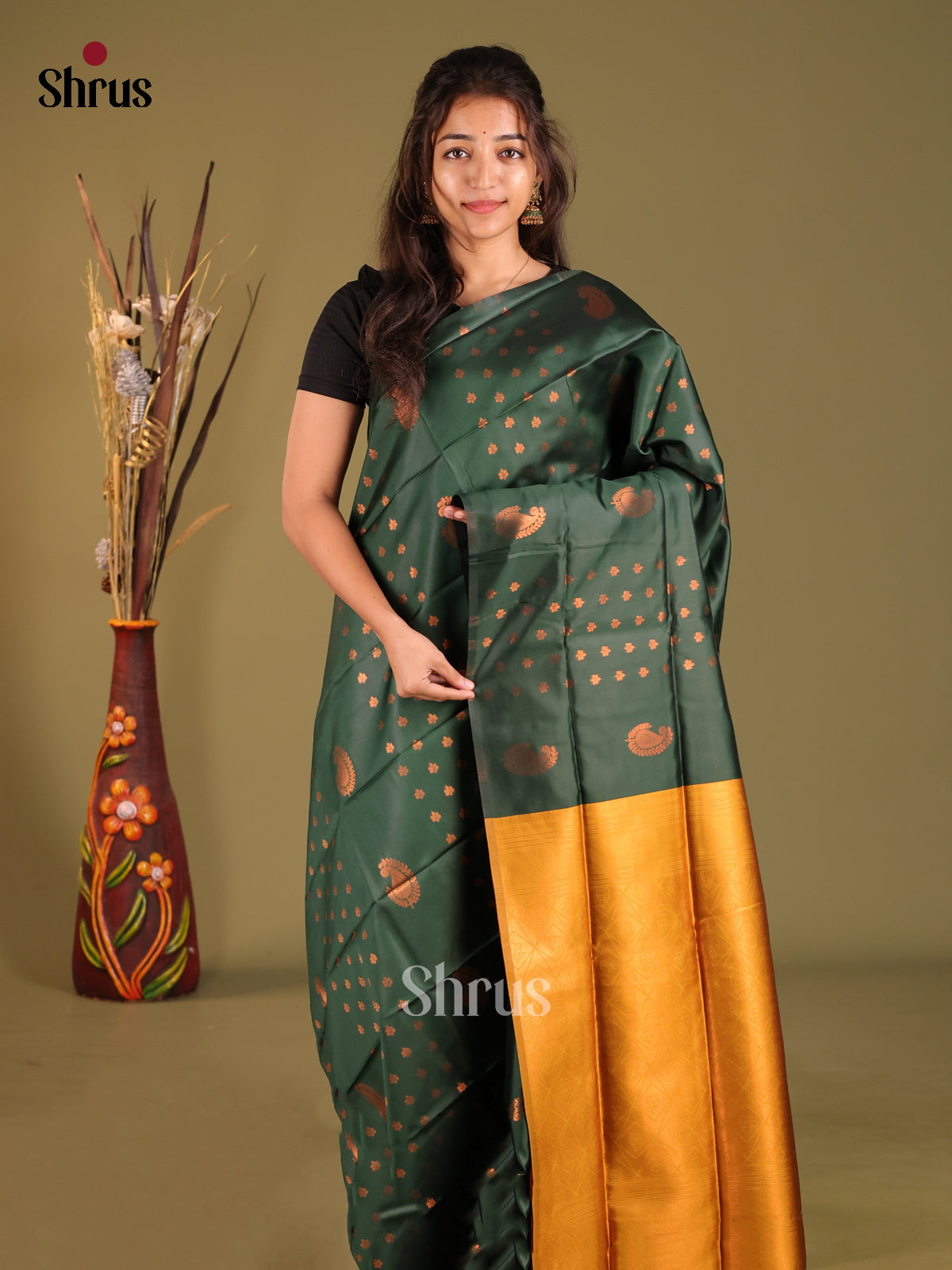 Green & mustard - Semi Softsilk Saree - Shop on Shrus.com