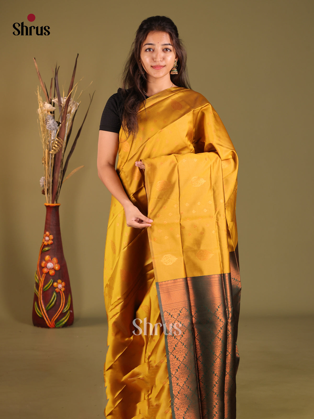 Mustardy Green & Green- Semi Softsilk Saree - Shop on Shrus.com