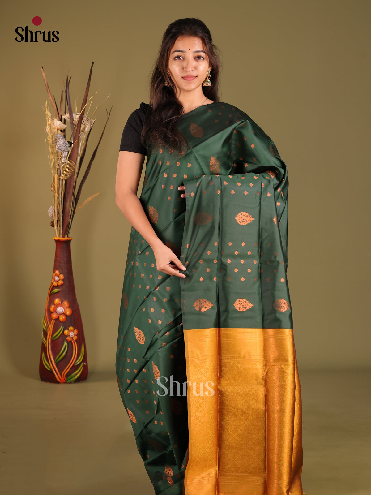 Dark Green & Mustard - Semi Softsilk Saree - Shop on Shrus.com