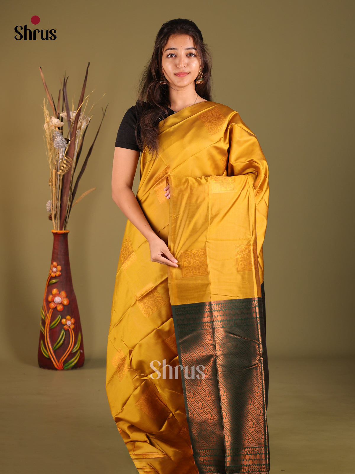Mustardy Green & Green- Semi Softsilk Saree - Shop on Shrus.com