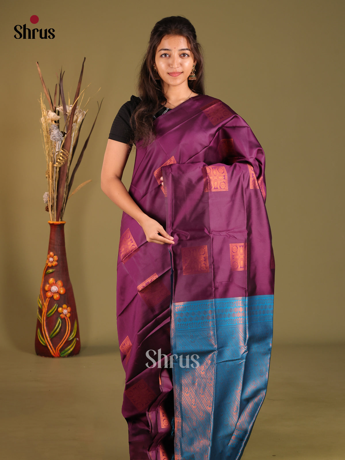 Purple & Blue - Semi Softsilk Saree - Shop on Shrus.com