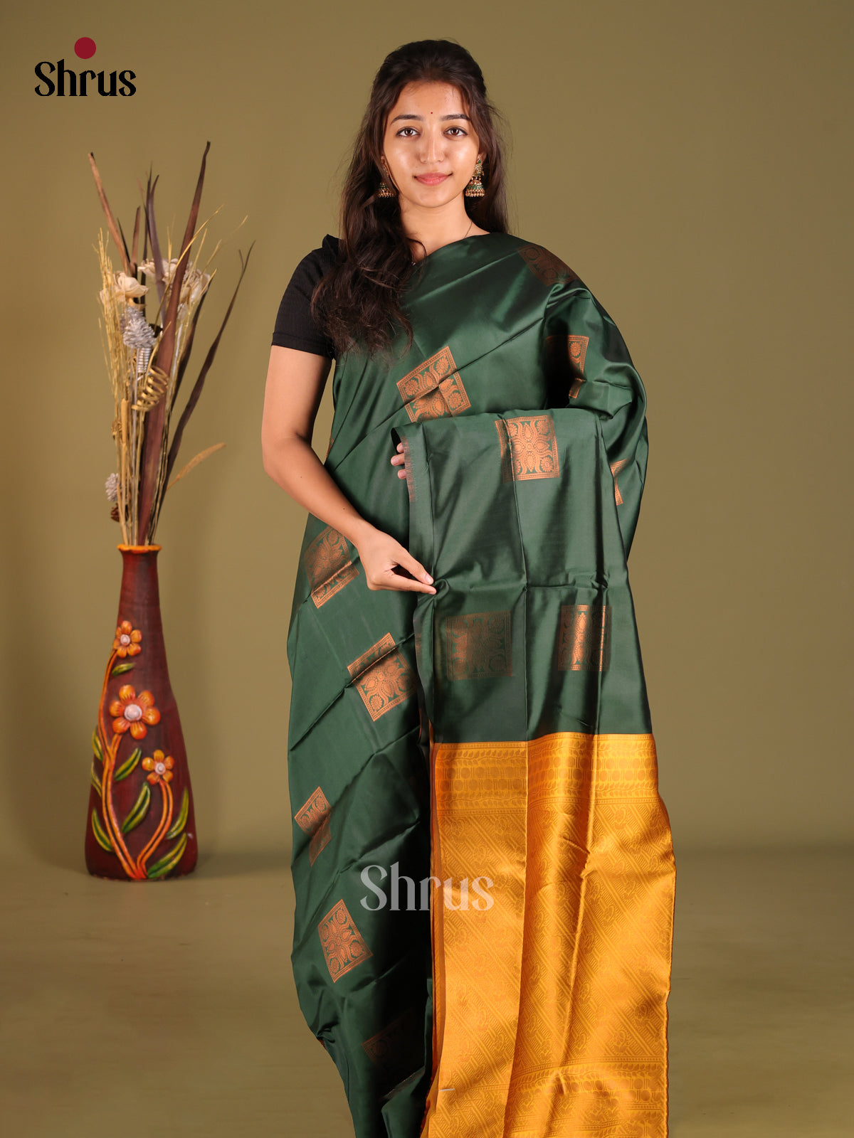 Green & Mustard- Semi Softsilk Saree - Shop on Shrus.com