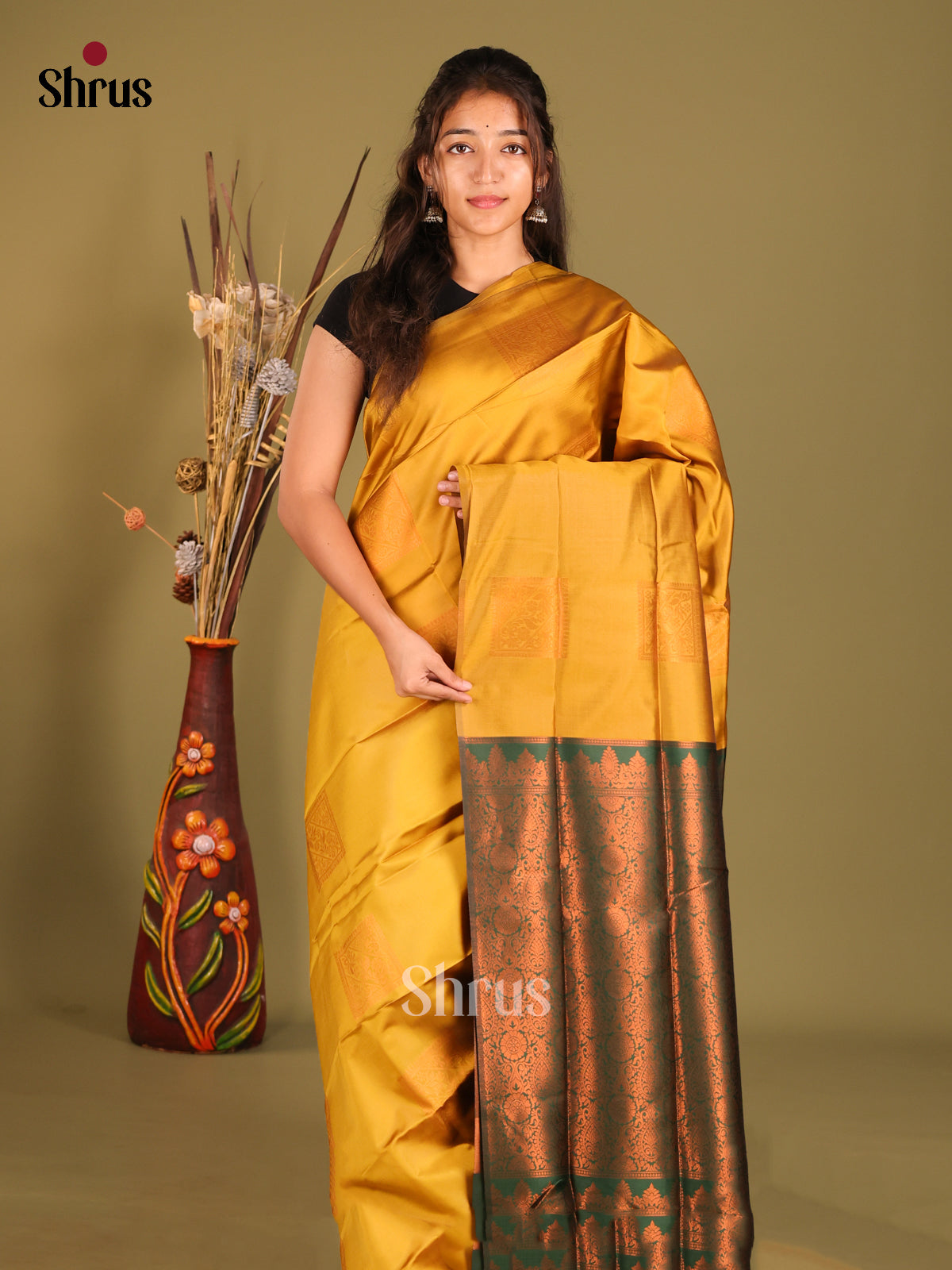 Mustardy Green & Green - Semi Softsilk Saree - Shop on Shrus.com