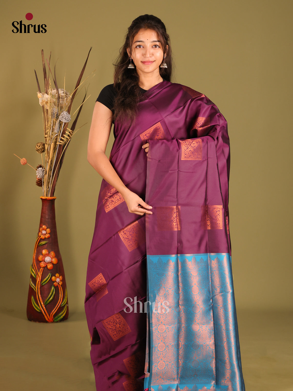 Wine & Blue - Semi Softsilk Saree - Shop on Shrus.com