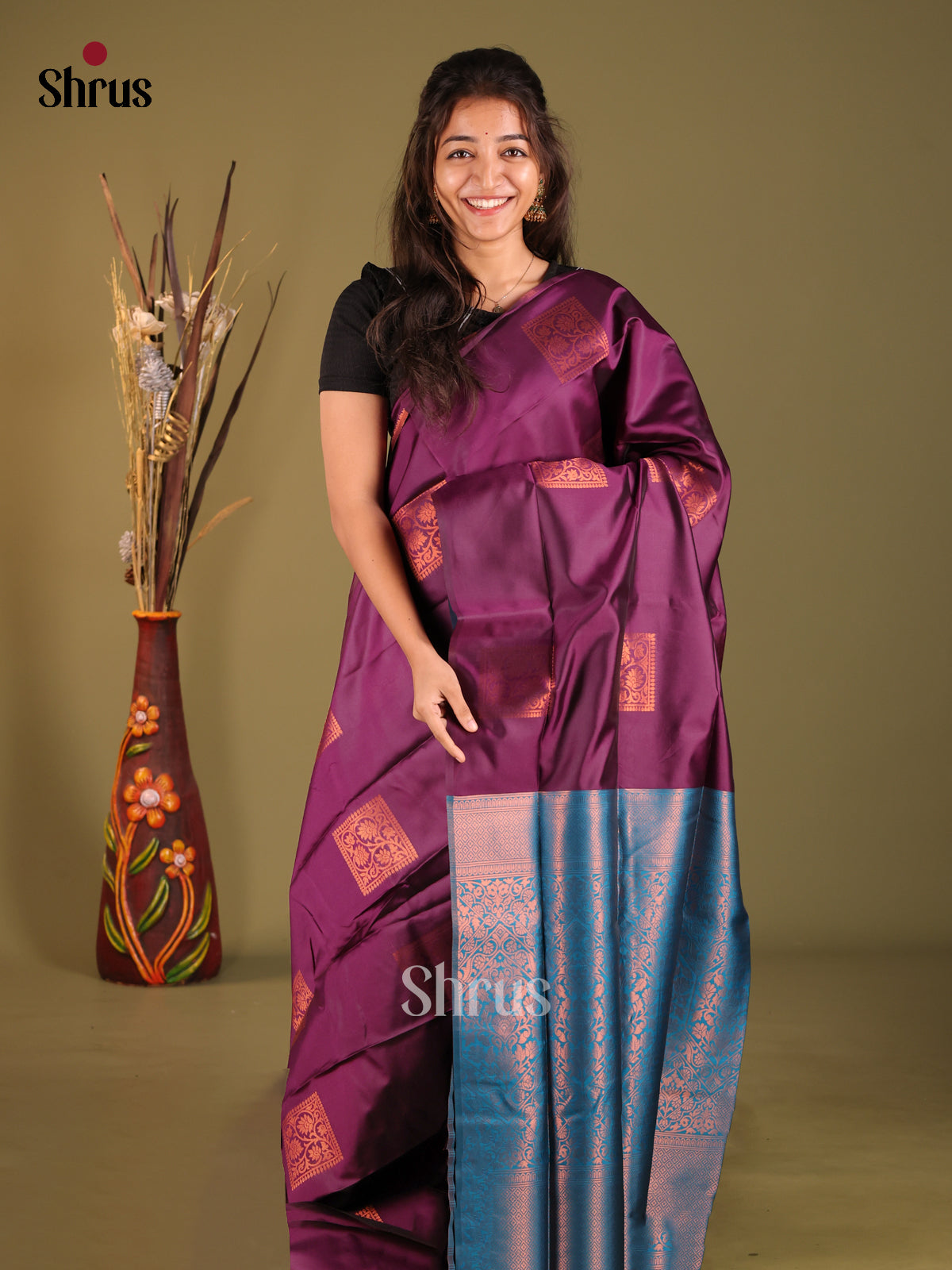 Purple & Blue - Semi Softsilk Saree - Shop on Shrus.com