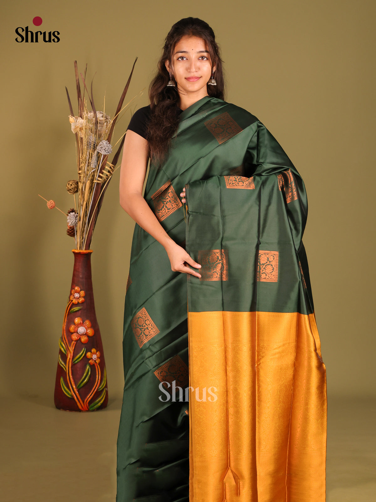 Green & Mustard - Semi Softsilk Saree - Shop on Shrus.com